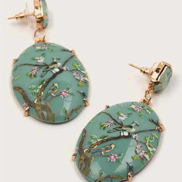 ASIAN TURQUOISE DROP EARRINGS WITH PAINTED BIRD AND FLOWER THEME - Picture 3 of 6